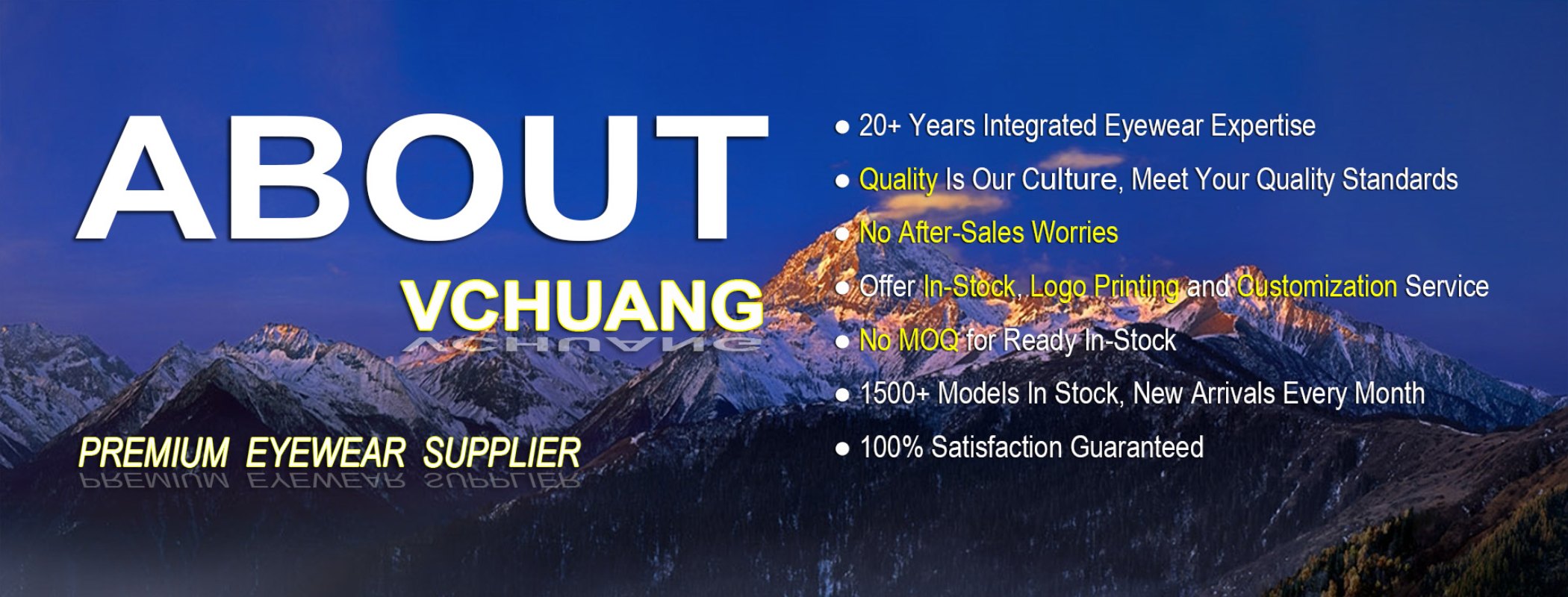 About VCHUANG: 20+ years of eyewear expertise, 1,500+ models in stock, no MOQ on ready stock