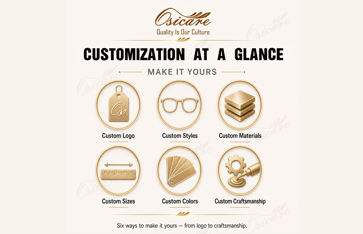 Customization at a glance: custom logo, styles, materials, sizes, colours and craftsmanship